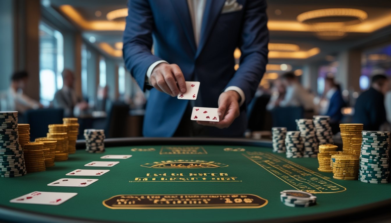 Suasana meja blackjack mewah dengan kartu, tumpukan chip bernilai tinggi, dealer, dan pemain berpakaian elegan di kasino.