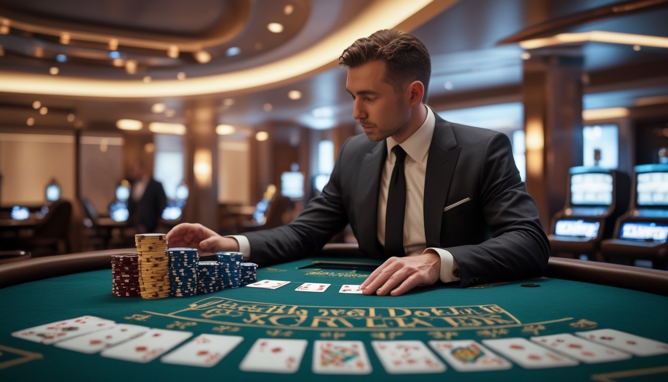 Seorang pemain berpakaian elegan duduk di meja blackjack kasino dengan kartu dan tumpukan chip taruhan.