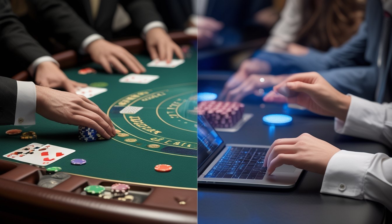 Meja blackjack kasino dengan dealer, kartu, chip, kamera siaran langsung, dan perangkat digital yang menampilkan permainan blackjack.