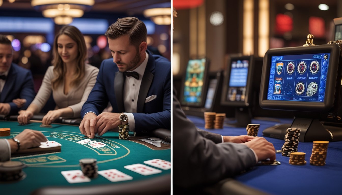 Dealer blackjack bermain bersama pemain di satu sisi, sementara terminal permainan digital berada di sisi lainnya.