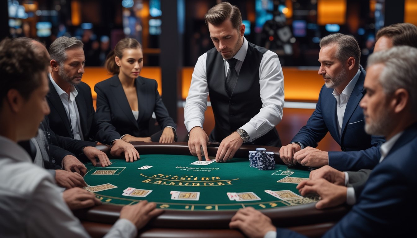 Dealer membagikan kartu blackjack sementara para pemain mengamati gerak-geriknya di meja kasino.