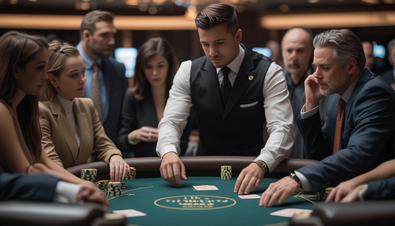 Dealer blackjack terlihat diamati oleh beberapa pemain yang memperhatikan gerak-geriknya di meja kasino.