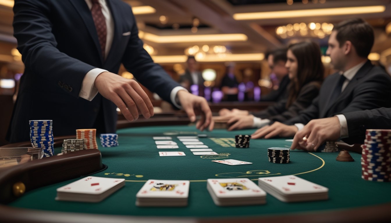 Dealer dan pemain sedang memainkan blackjack di meja kasino dengan kartu dan keping taruhan.