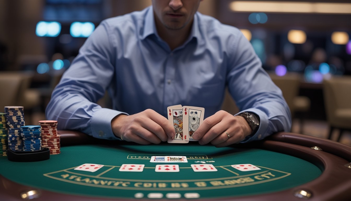 Pemain berkonsentrasi menghitung kartu di meja blackjack kasino dengan dealer dan keping taruhan.