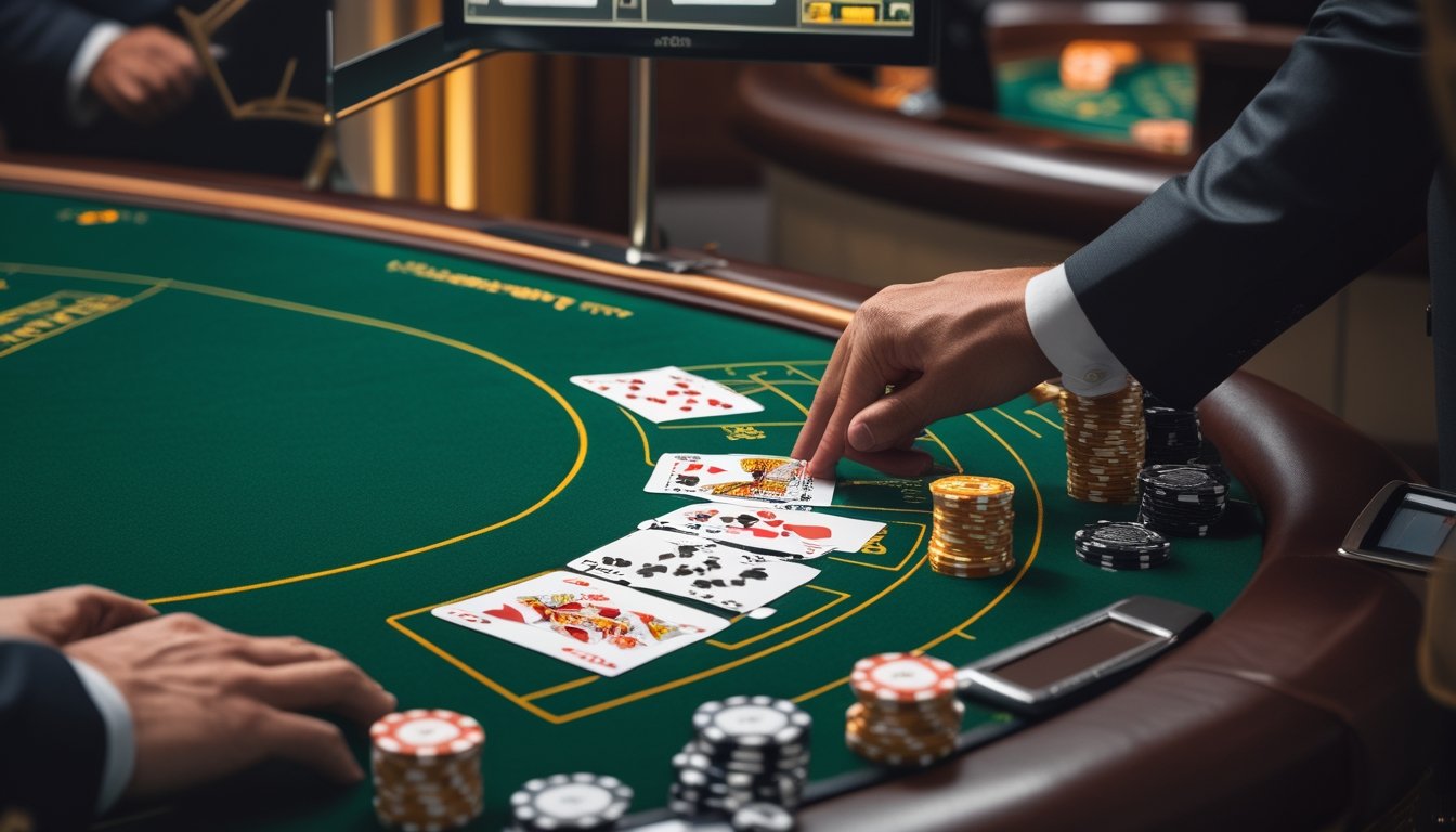 Meja blackjack kasino dengan kartu, keping taruhan, dan dealer dalam suasana studio permainan langsung yang elegan.