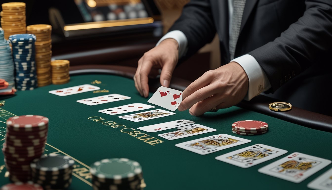 Meja Atlantic City Blackjack dengan dealer, kartu bermain, dan tumpukan chip kasino.