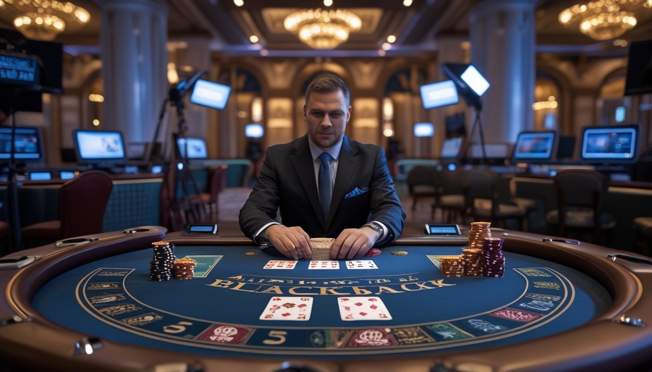 Meja blackjack dengan kartu, chip kasino, dan dealer dalam suasana yang menggabungkan kasino klasik Atlantic City dengan studio permainan live modern.