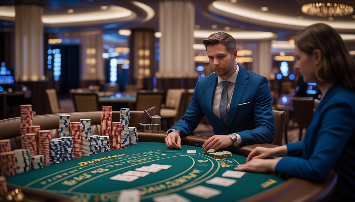 Pemain dewasa dan dealer bermain blackjack di meja kasino dengan kartu dan tumpukan chip yang tertata.