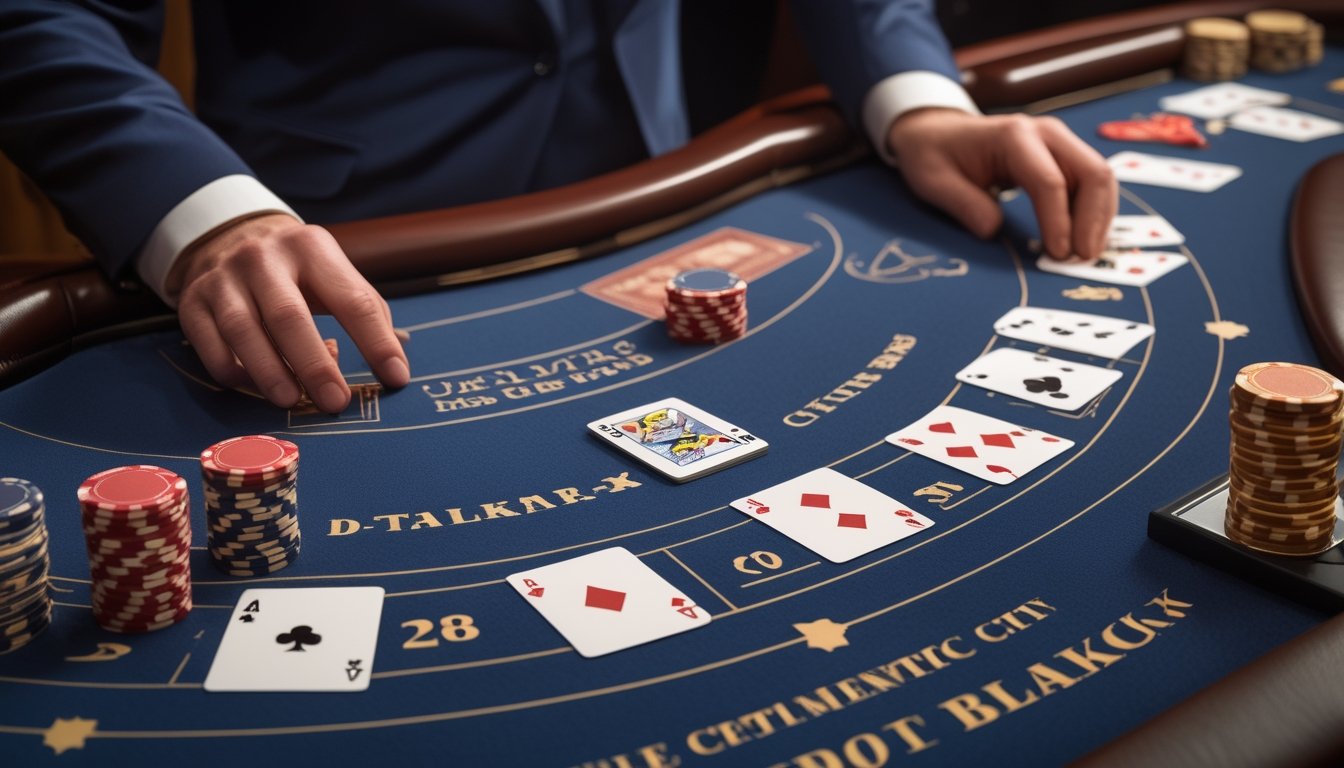 Dealer dan pemain sedang bermain blackjack di meja kasino dengan kartu dan tumpukan chip.