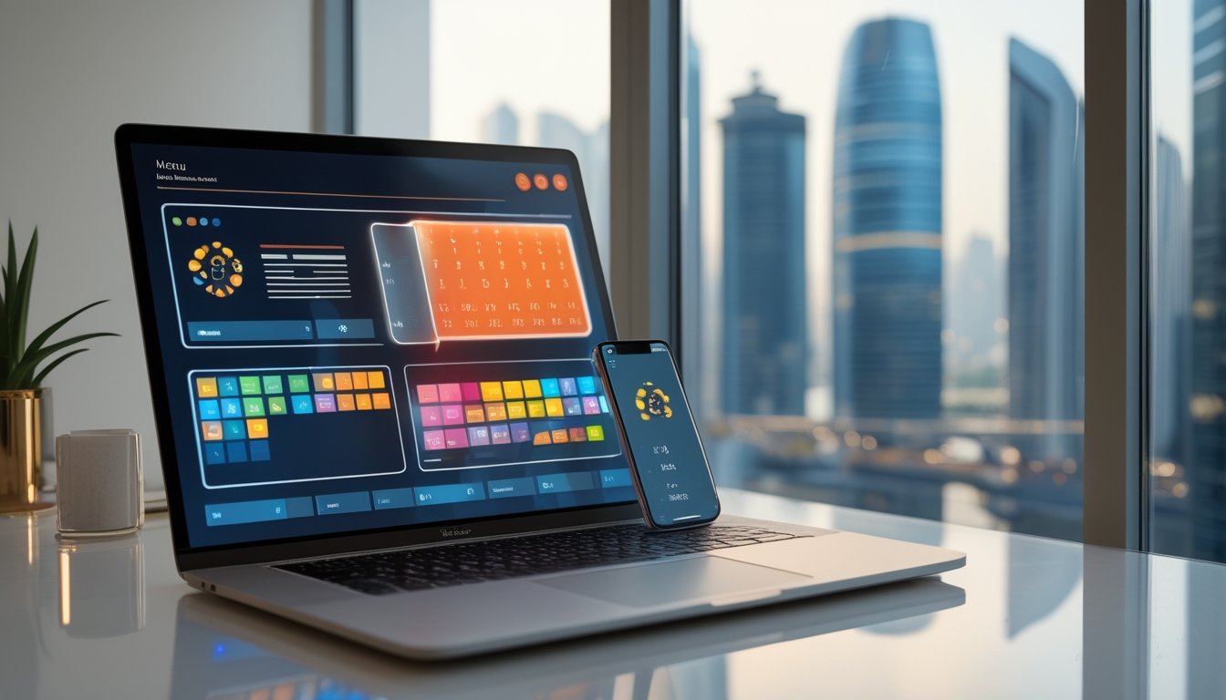 Laptop dan ponsel menampilkan dasbor data digital dengan latar siluet kota Makau.