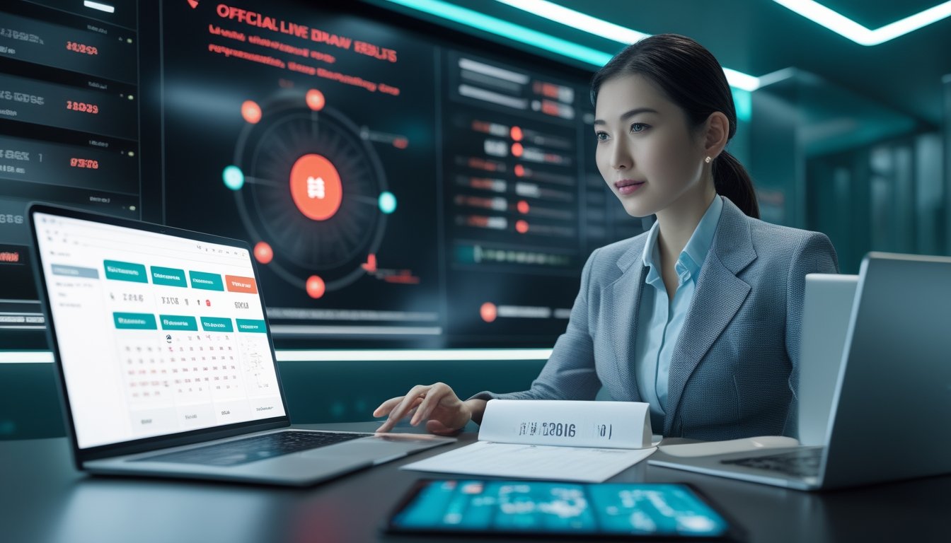 Analis media memeriksa informasi hasil siaran resmi di ruang kontrol modern.