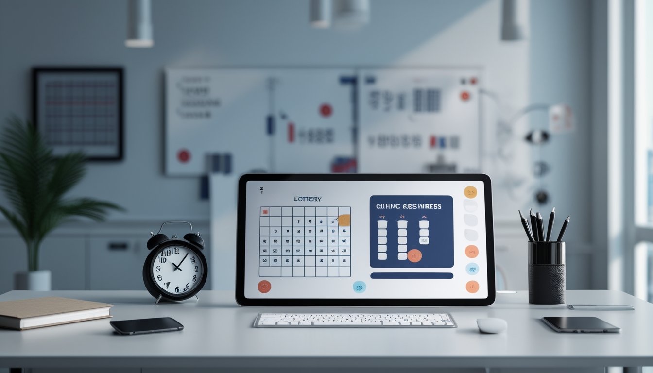 Meja kerja modern dengan kalender digital abstrak, jam, dan siluet kota Macau di latar belakang.
