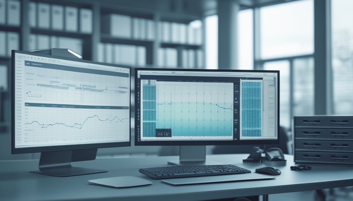 Meja kerja analis dengan monitor yang menampilkan visualisasi data dan arsip digital.