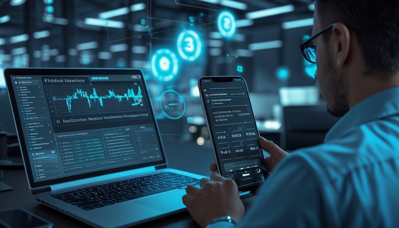 Seorang analis bekerja di depan laptop dan ponsel yang menampilkan grafik data serta analisis angka berbasis kecerdasan buatan.