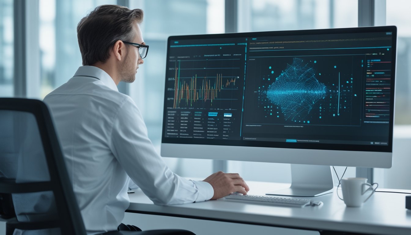 Analis data mempelajari visualisasi angka dan pola prediksi AI pada beberapa layar komputer.