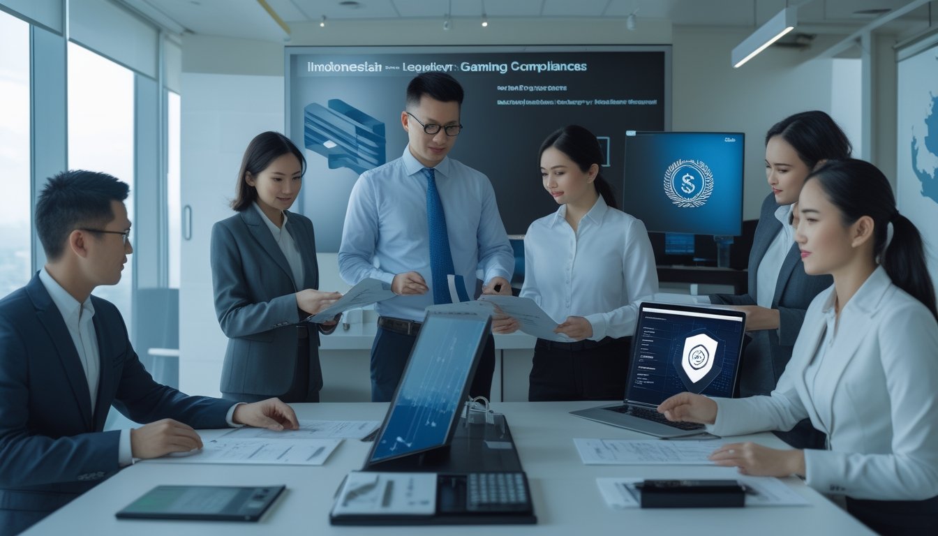 Profesional Indonesia meninjau dokumen kepatuhan dan dasbor keamanan digital di kantor modern.