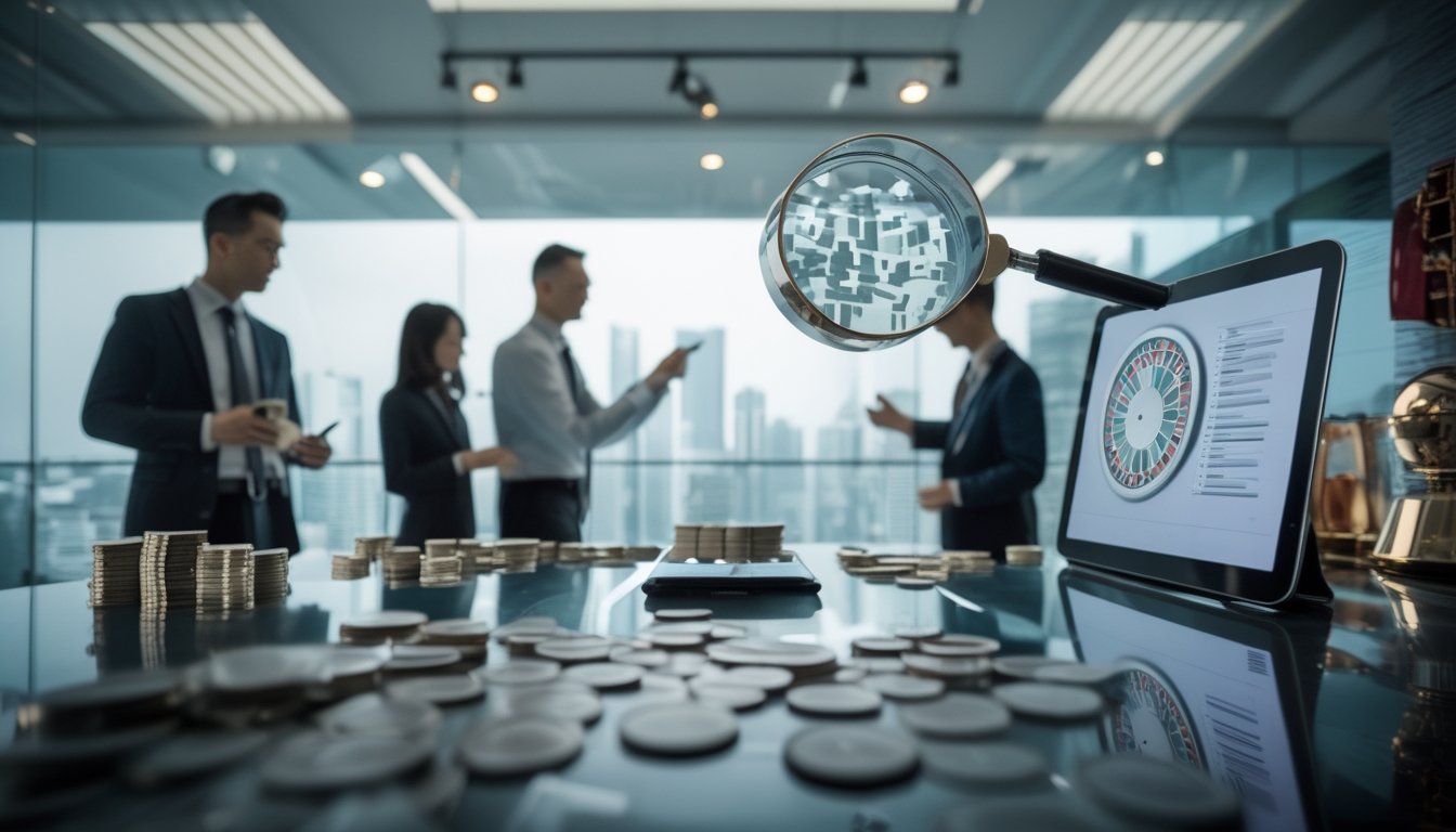 Analis dewasa mempelajari data taruhan abstrak di ruang kerja modern dengan latar cakrawala bergaya Macau.