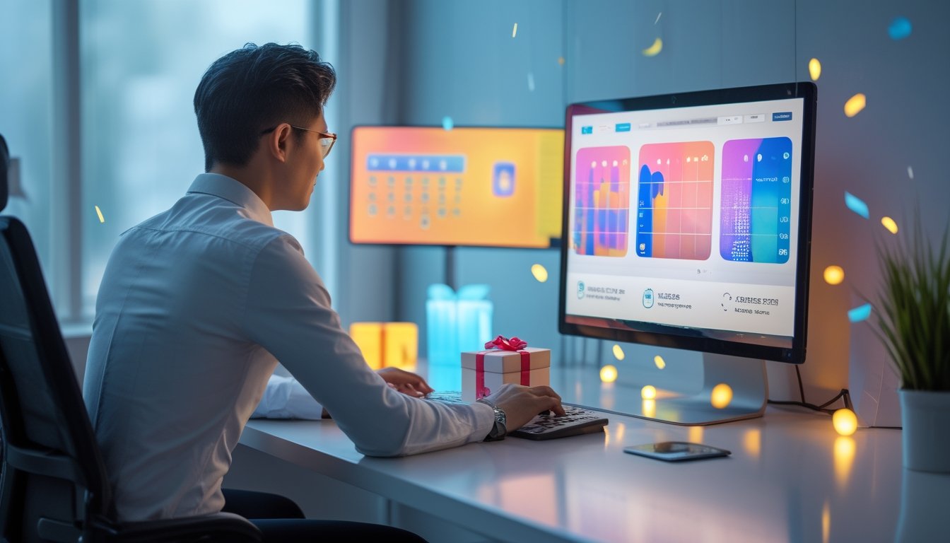 Orang dewasa menggunakan laptop dan ponsel di ruang kerja modern dengan tampilan data abstrak serta elemen perayaan.