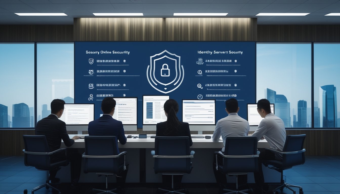 Tim profesional meninjau keamanan platform digital di kantor modern dengan simbol perisai dan gembok.
