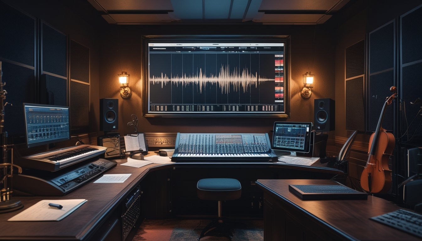 Komposer dan teknisi suara bekerja di studio musik dengan piano, biola, konsol rekaman, dan suasana romantis bergaya gotik.