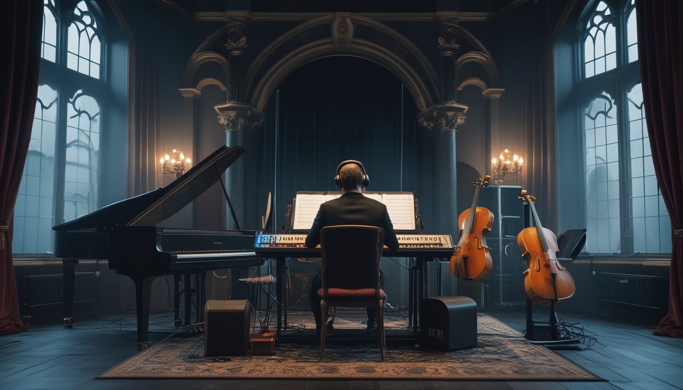 Studio musik bergaya gotik dengan piano, instrumen orkestra, dan seorang produser yang bekerja di depan konsol rekaman.