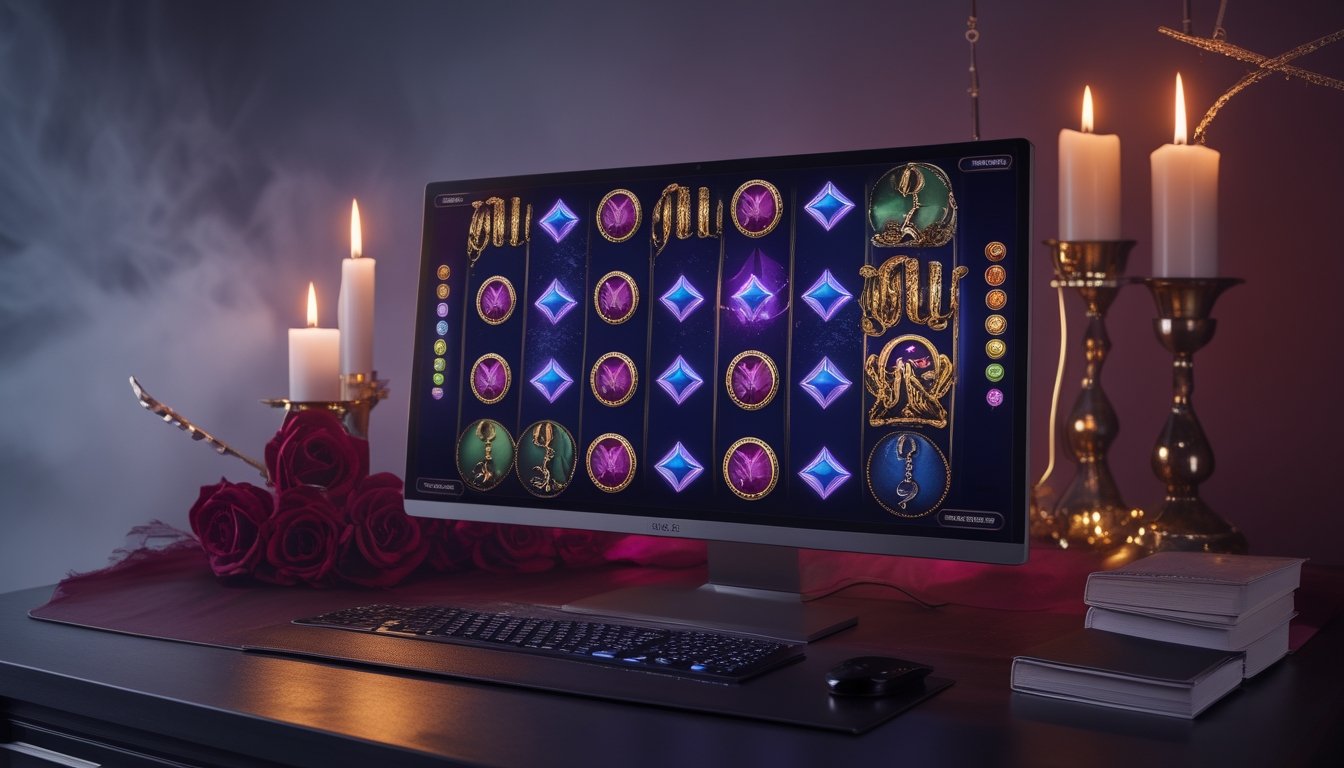 Monitor menampilkan permainan gulungan berputar dengan efek pengganda dalam suasana romantis gelap.