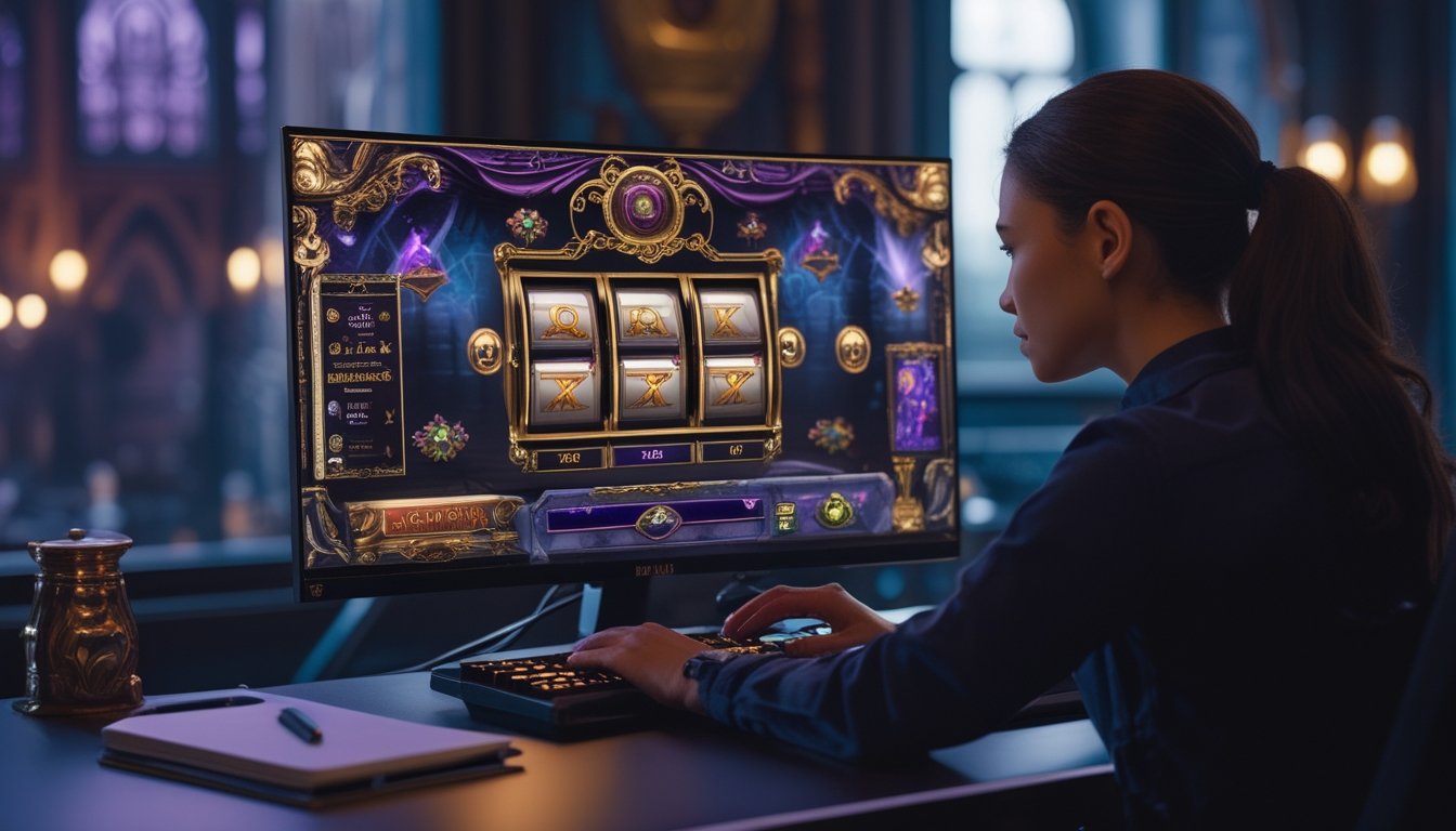 Seseorang mempelajari permainan slot bertema gotik romantis pada komputer dengan suasana elegan dan dramatis.