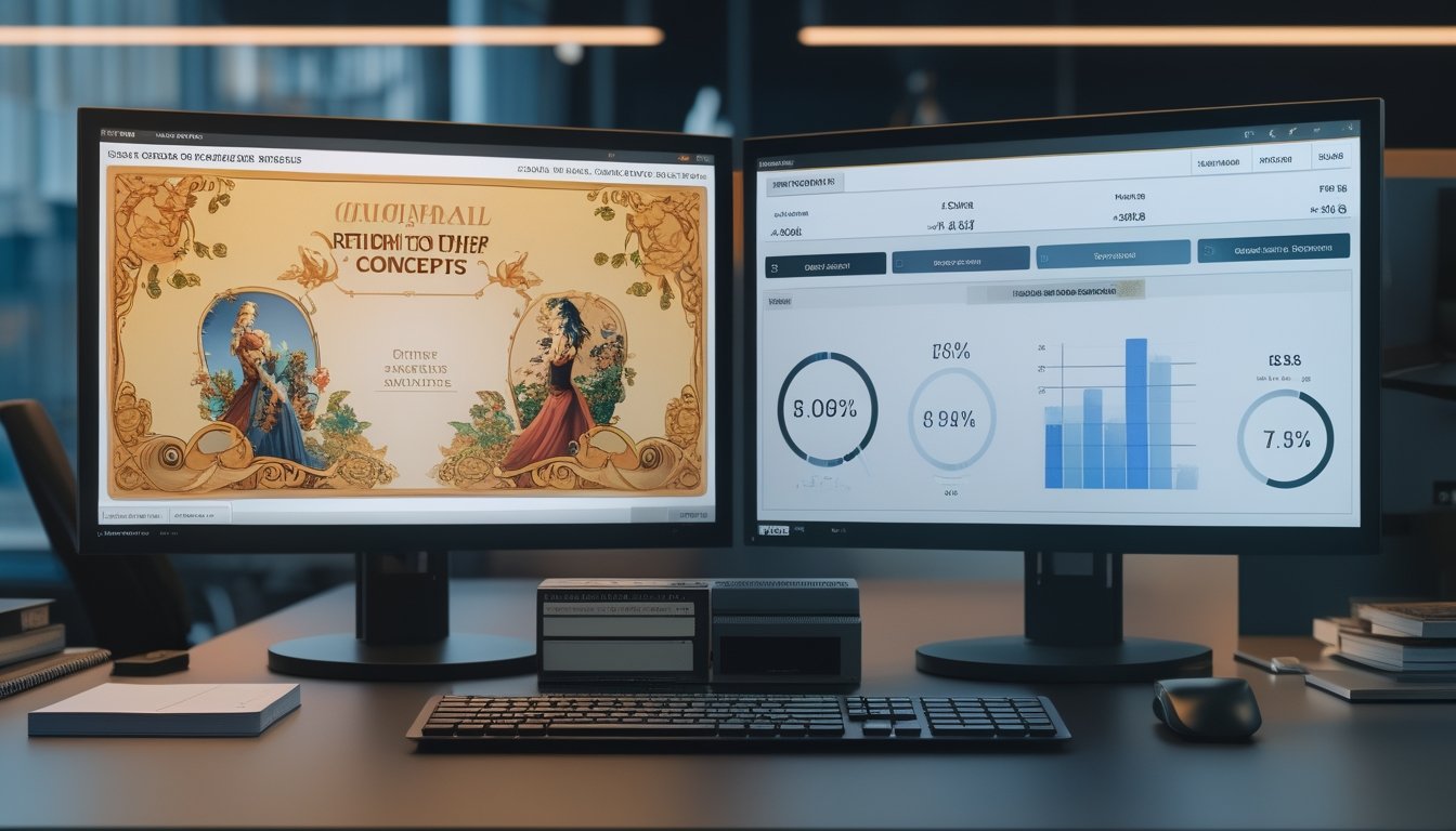 Dua monitor menampilkan perbandingan visual data statistik antara versi klasik dan versi remaster sebuah permainan.