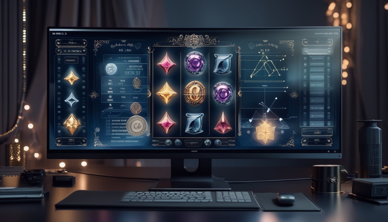 Monitor menampilkan permainan slot bergaya romantis gotik dengan grafik analisis, simbol bercahaya, dan suasana meja kerja gelap.