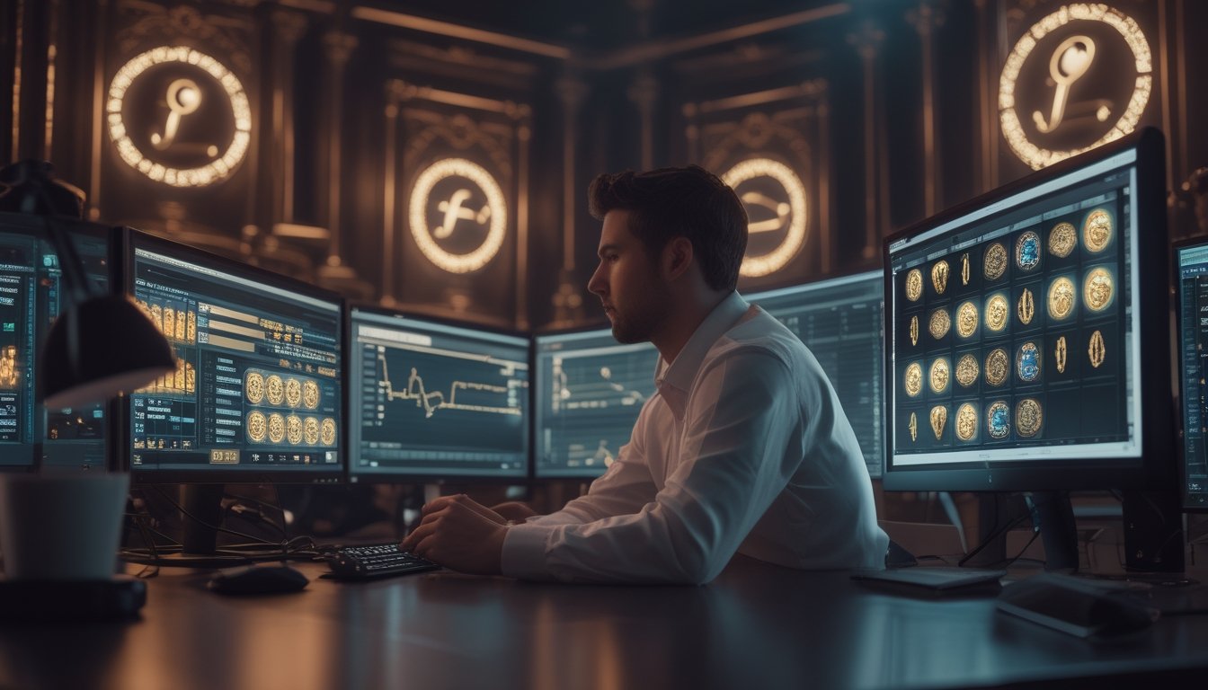 Analis gaming memeriksa grafik probabilitas dan pola acak pada beberapa monitor dalam suasana studio bernuansa gothic romantis.