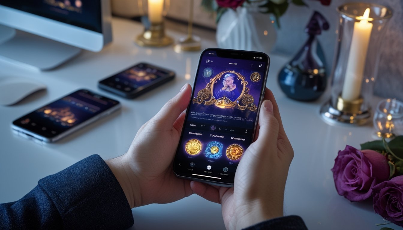 Seseorang memainkan permainan slot bertema fantasi di ponsel, dengan ponsel lain berada di dekatnya.