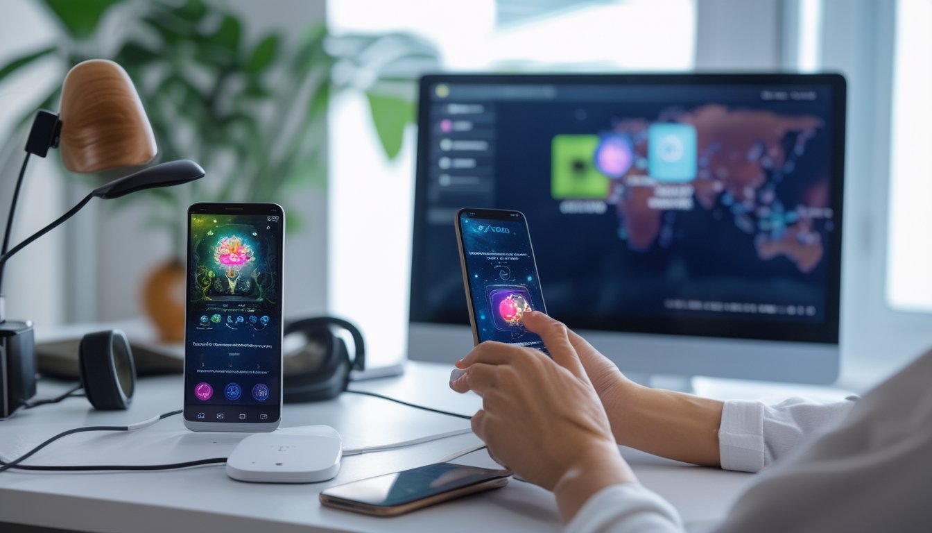 Seseorang menyiapkan ponsel Android dan iOS serta koneksi Wi-Fi untuk bermain game.