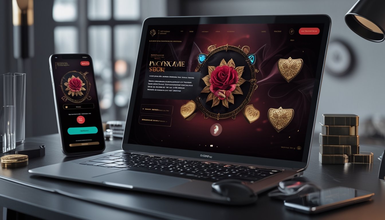 Laptop dan ponsel menampilkan permainan kasino bertema romantis dengan simbol keamanan di meja modern.