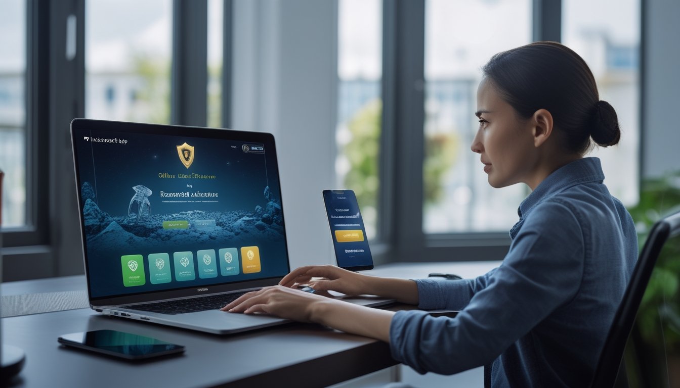 Orang dewasa memeriksa keamanan platform kasino online di laptop dalam ruang kerja modern.