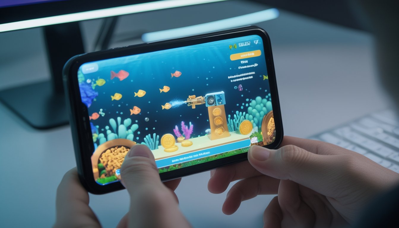 Ponsel menampilkan permainan menembak ikan bawah laut dengan elemen dompet digital di meja modern.