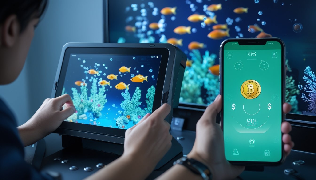Seseorang memainkan permainan tembak ikan di layar dengan ponsel berisi dompet digital di sampingnya.