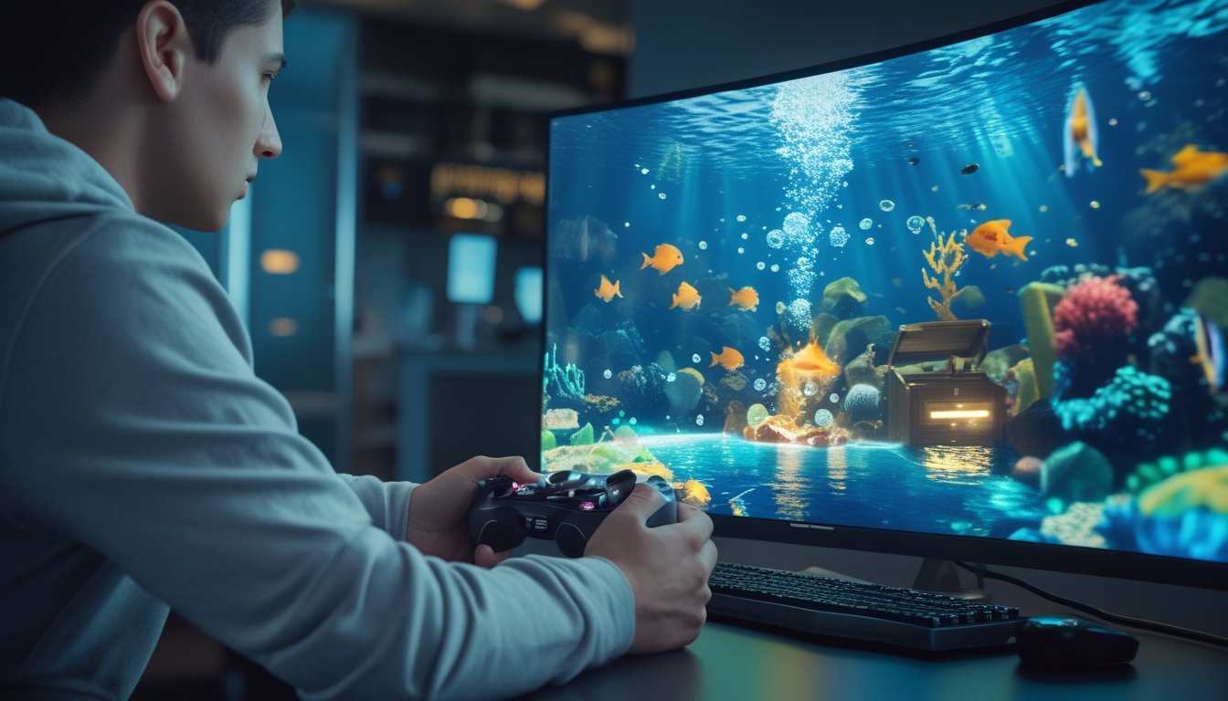 Pemain menggunakan pengendali futuristis untuk menembak ikan virtual di layar permainan bawah laut.