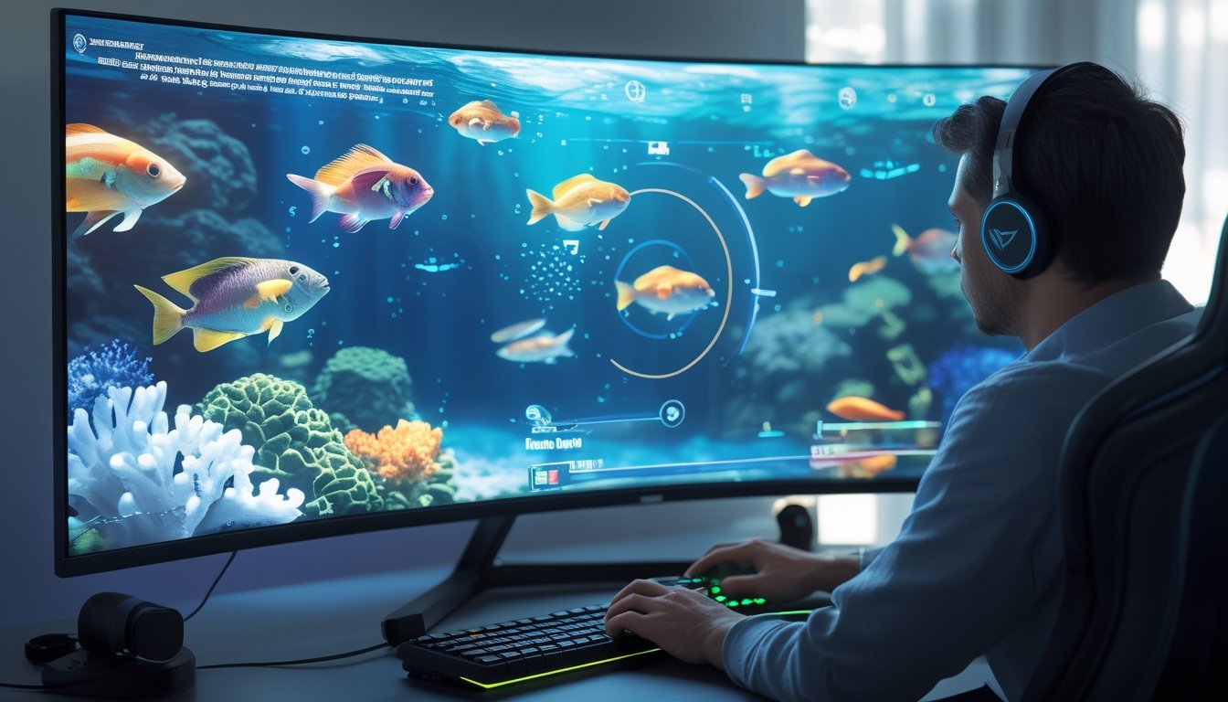Seorang pemain menggunakan komputer untuk membidik berbagai ikan berwarna-warni dalam permainan bawah laut.