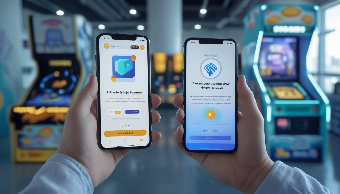 Seseorang menggunakan ponsel untuk melakukan pembayaran digital di dekat mesin permainan tembak ikan.