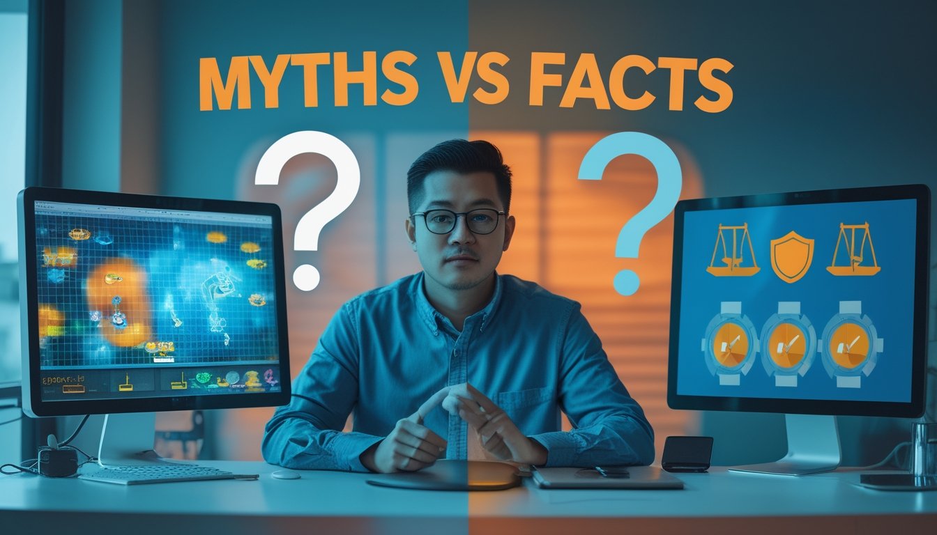 Seseorang membandingkan rumor dan fakta tentang permainan tembak ikan online di meja kerja dengan simbol peringatan, perisai, dan daftar pemeriksaan.