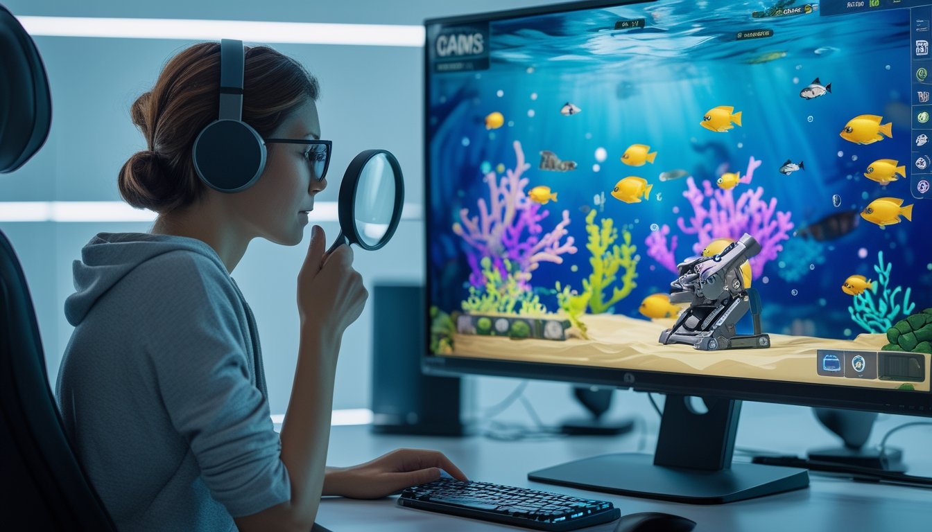 Pemain mengamati permainan tembak ikan online di monitor dengan elemen visual yang menggambarkan perbandingan mitos dan fakta.