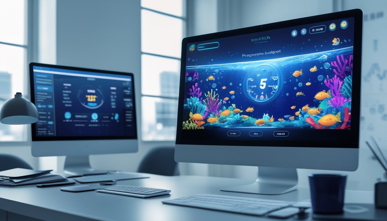 Monitor dan ponsel menampilkan permainan menembak ikan bertema bawah laut dengan indikator jackpot bercahaya di meja kerja modern.