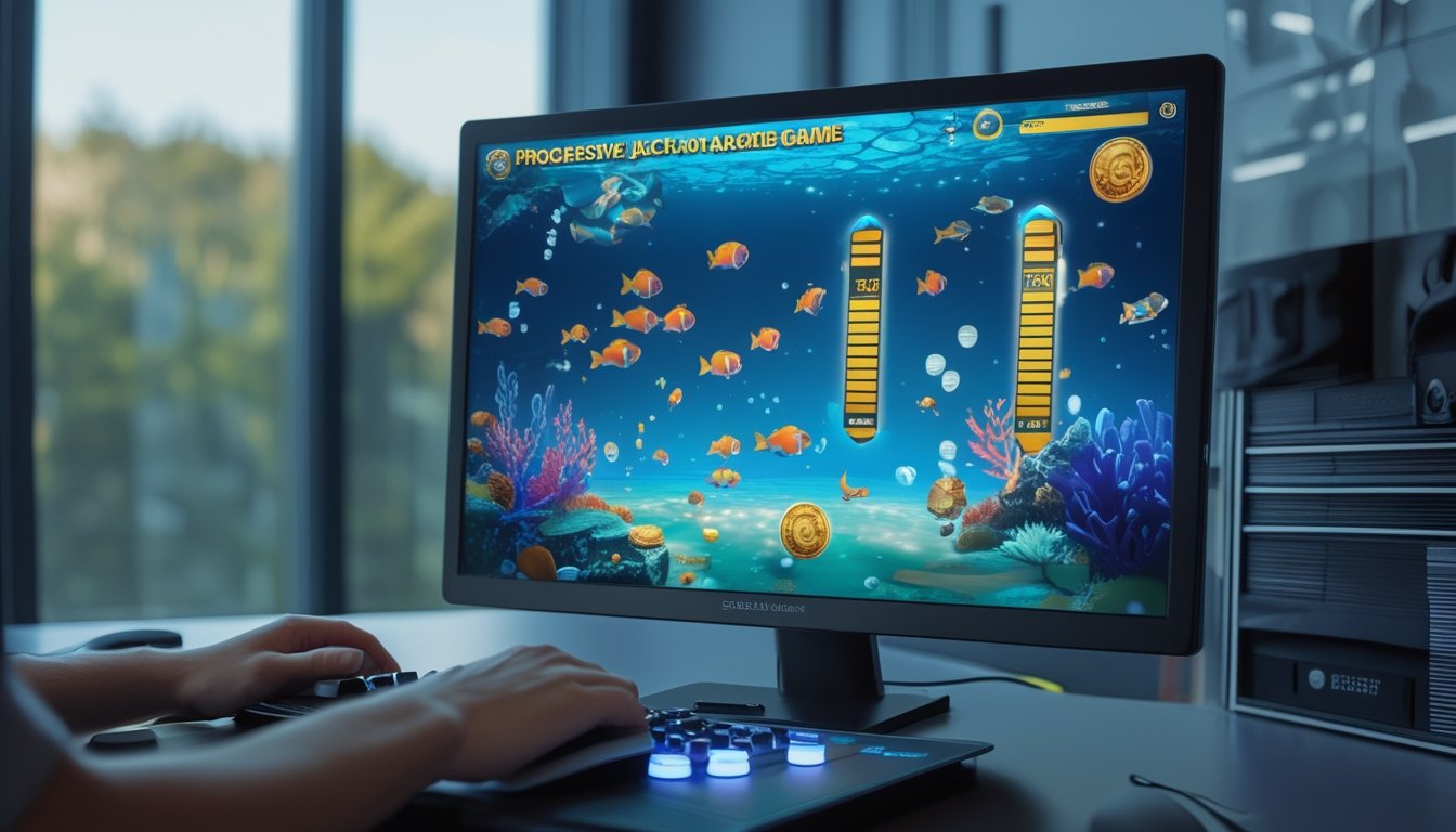 Monitor menampilkan permainan tembak ikan bawah laut dengan indikator jackpot bercahaya dan tangan pemain pada pengendali.