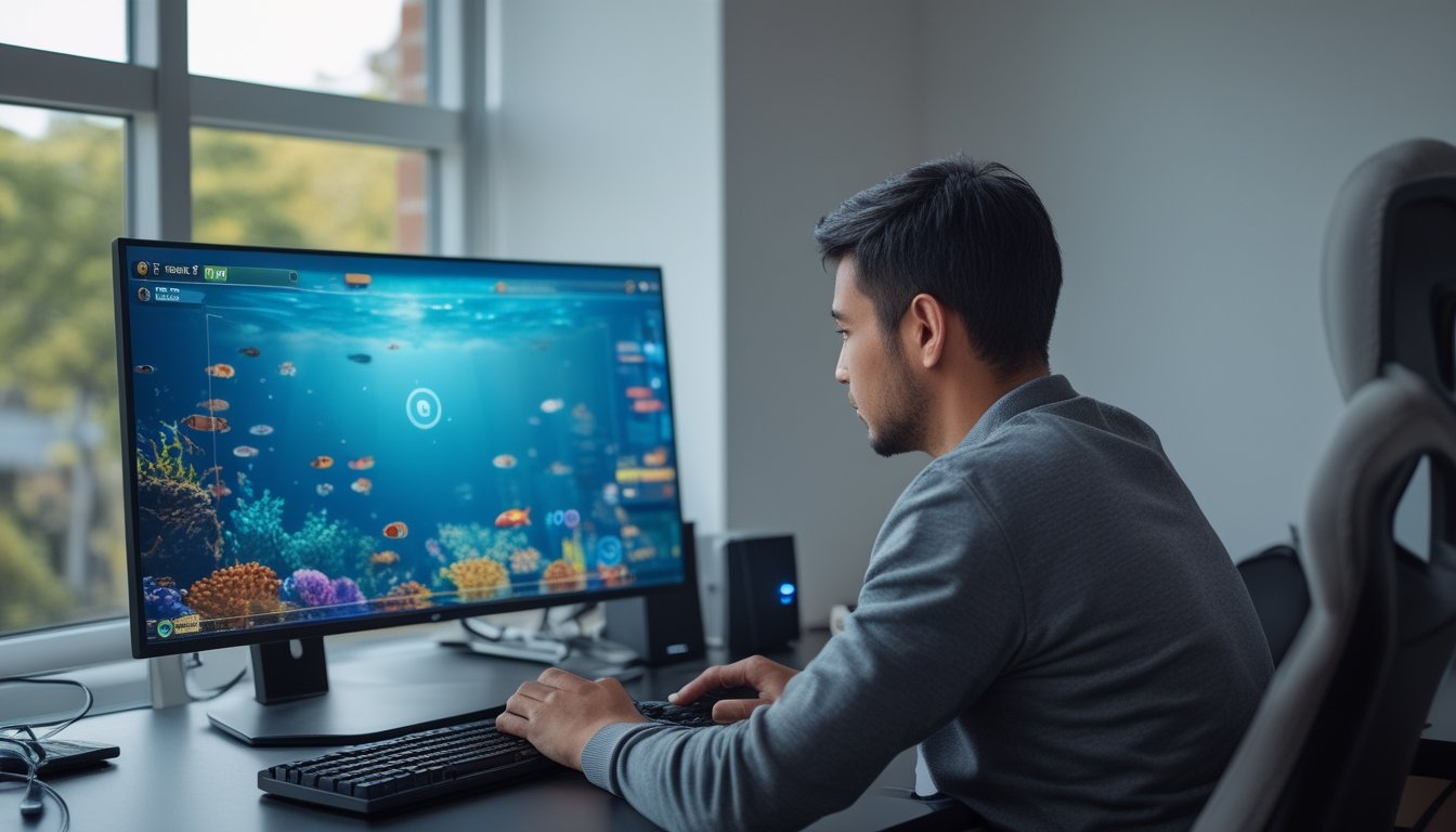 Seseorang memeriksa koneksi internet saat bermain permainan tembak ikan di komputer, dengan router dan kabel jaringan di meja.