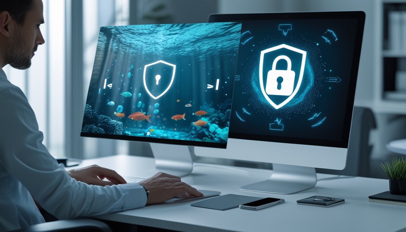Seseorang menggunakan laptop dengan simbol perisai dan gembok untuk melindungi akun permainan digital.