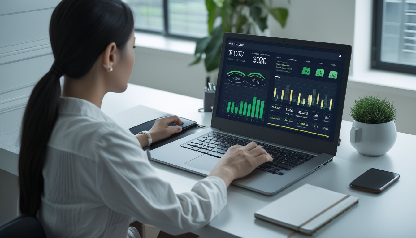 Pemula memeriksa data statistik permainan online melalui laptop di ruang kerja yang rapi.