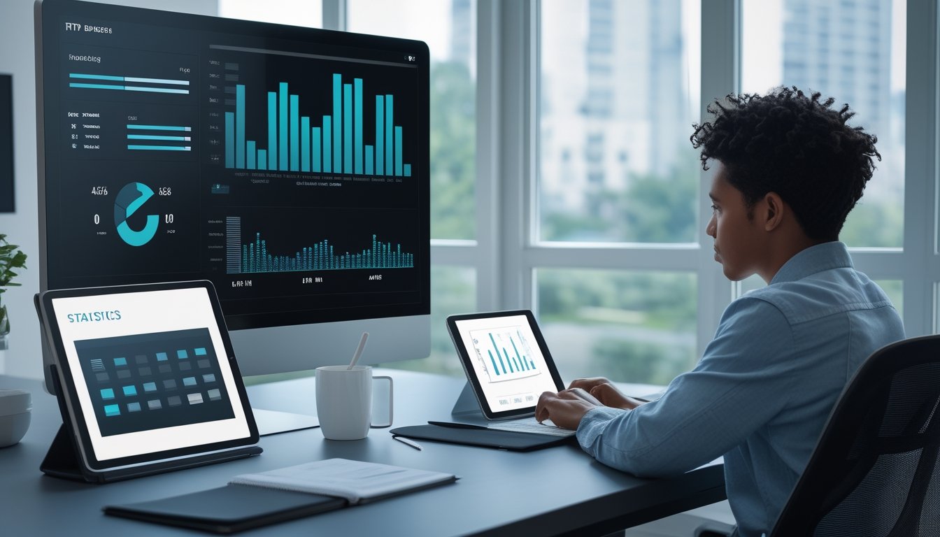 Pemula memeriksa grafik persentase dan statistik permainan pada komputer, tablet, dan ponsel di meja kerja.