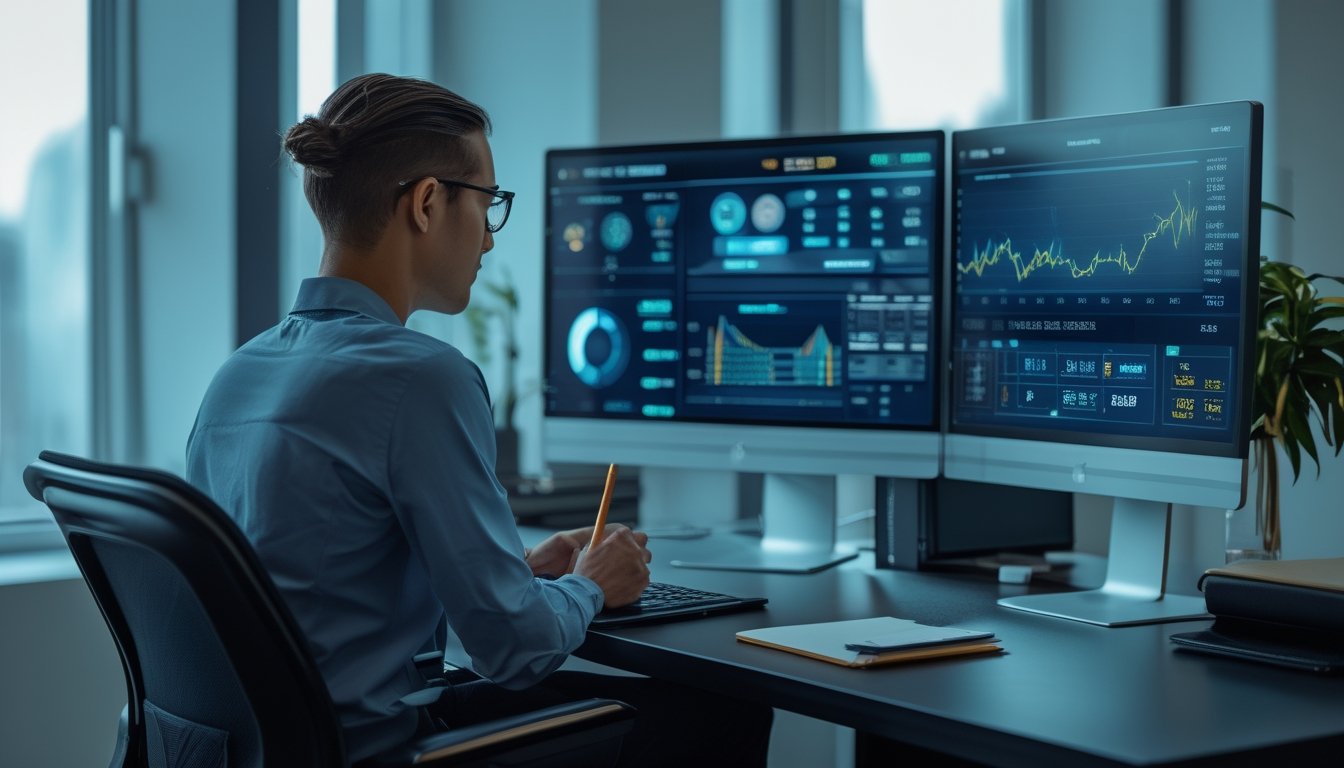 Seseorang menganalisis grafik dan data permainan daring di meja kerja modern.