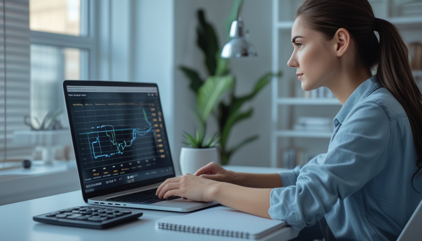 Seseorang menganalisis grafik statistik abstrak di laptop dengan kalkulator dan buku catatan di meja.