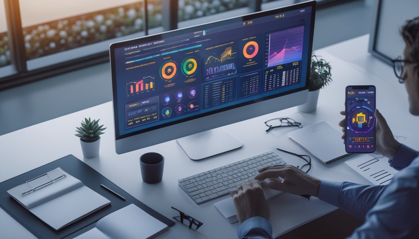 Meja kerja modern dengan monitor yang menampilkan grafik dan indikator analisis data abstrak.